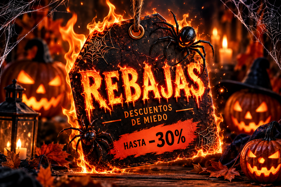 Rebajas Jelo Halloween con etiqueta en llamas, arañas y calabazas