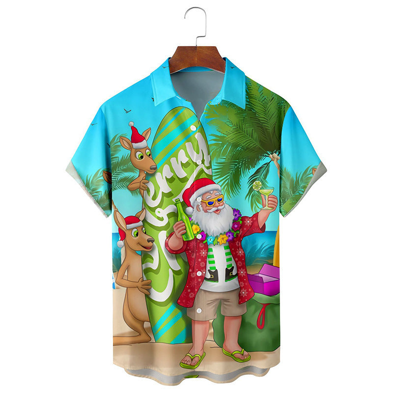 Camisa Navideña de Manga Corta con Estampado Efecto 3D – 10 Diseños · Papá Noel tropical