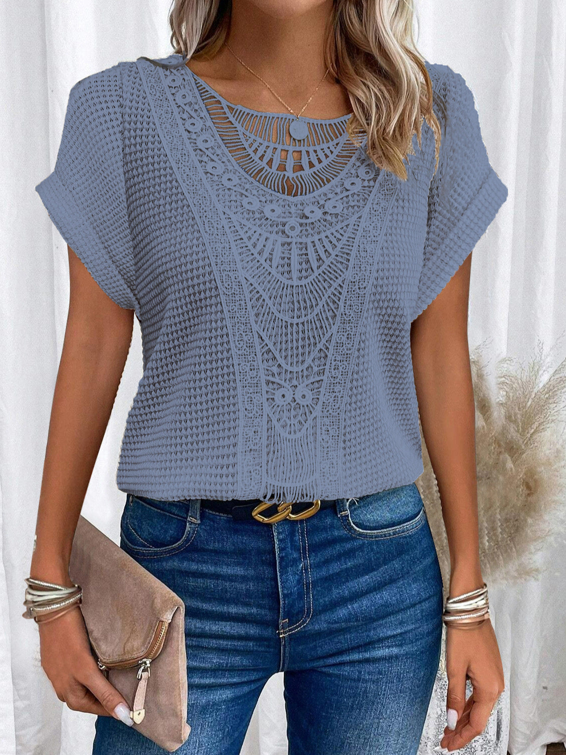 Camiseta Mujer Calada de Manga Corta – 13 Colores · Azul