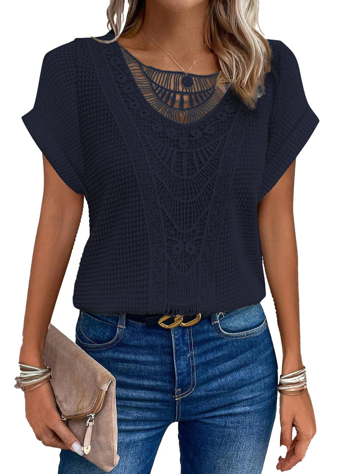 Camiseta Mujer Calada de Manga Corta – 13 Colores · Azul marino