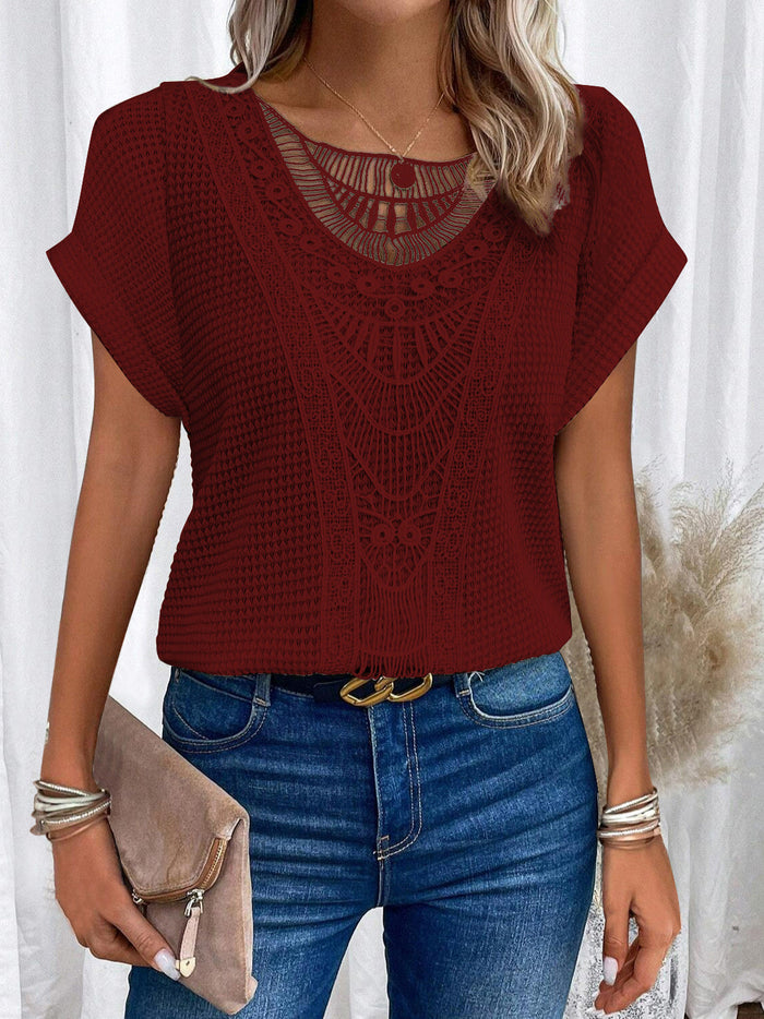 Camiseta Mujer Calada de Manga Corta – 13 Colores · Rojo vino