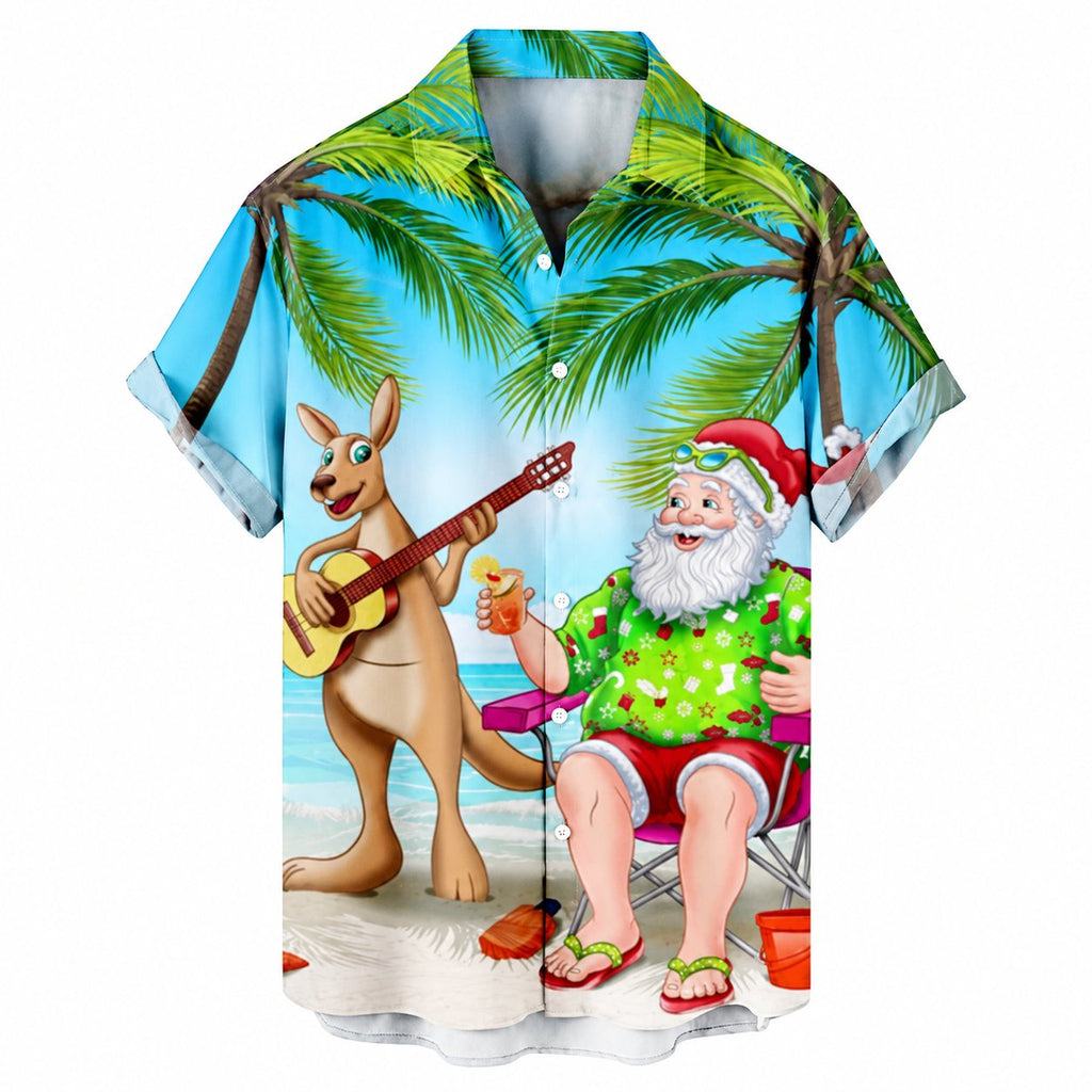Camisa navideña · Papá Noel tropical y canguro con guitarra