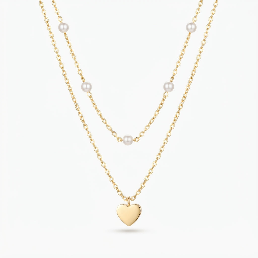Collar Doble con Cuentas de Efecto Perla y Corazón — vista del producto 4