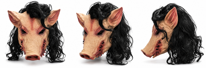 Máscara de Cabeza de Cerdo con Pelo – vistas frontal, tres cuartos y perfil sobre fondo blanco