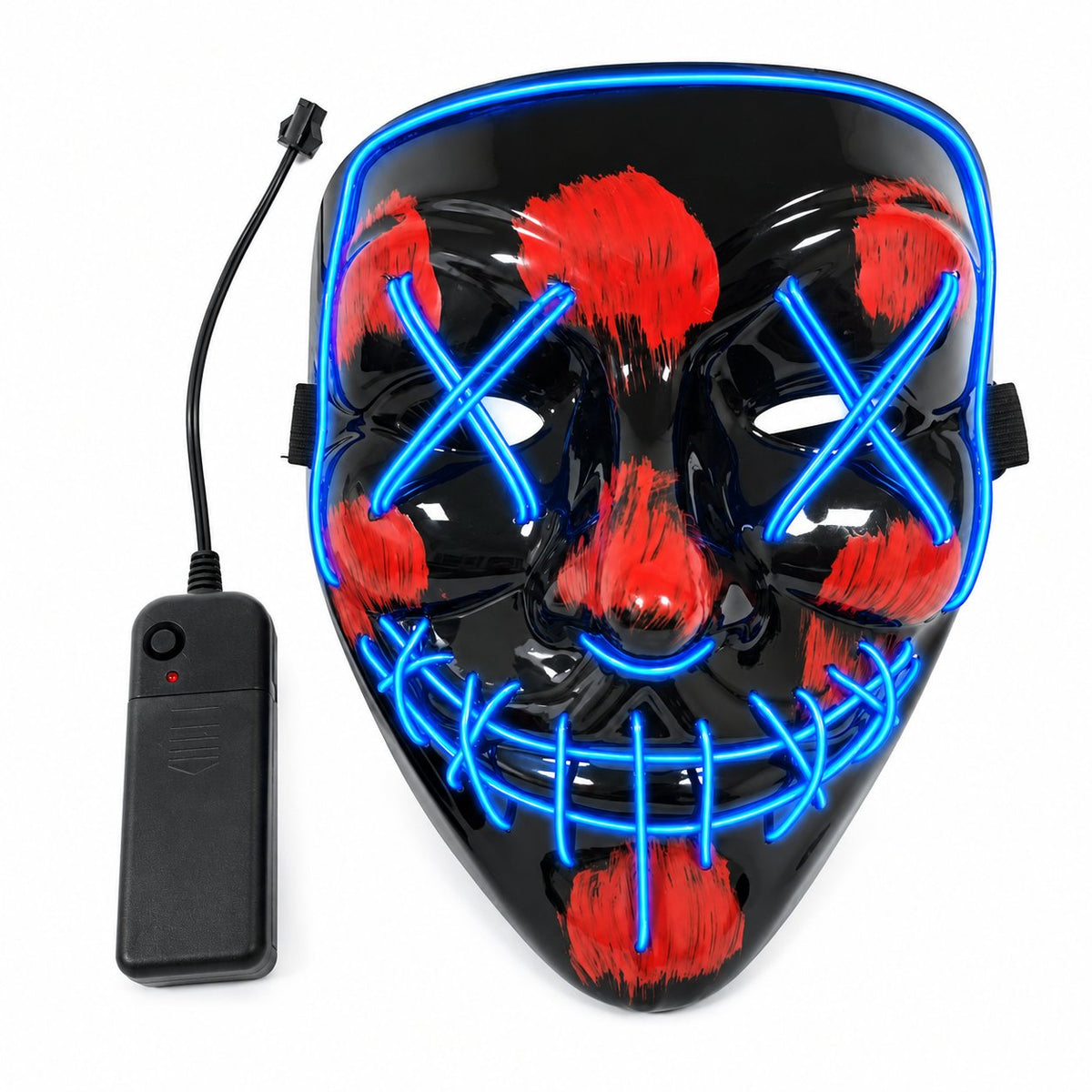 Máscara LED · Rostro negro y rojo · luz azul · fondo blanco
