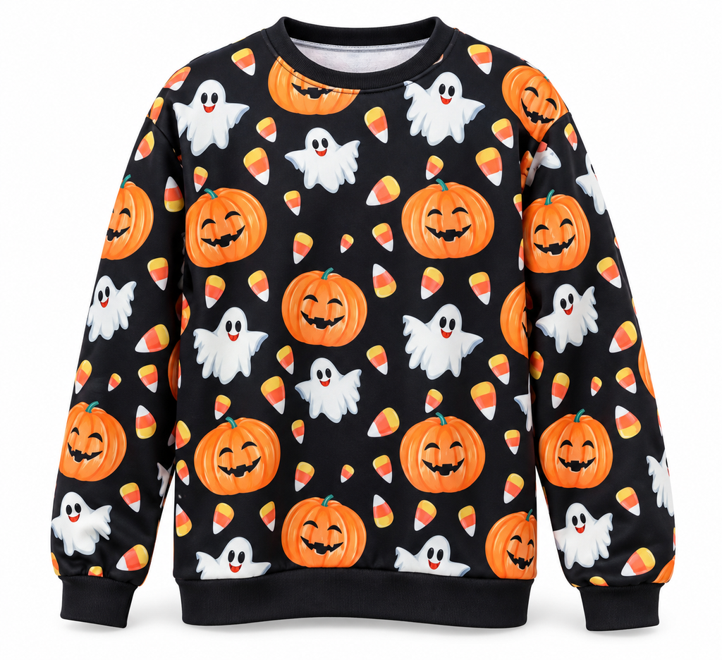 Sudadera de Halloween – diseño Calabazas y fantasmas sobre fondo blanco