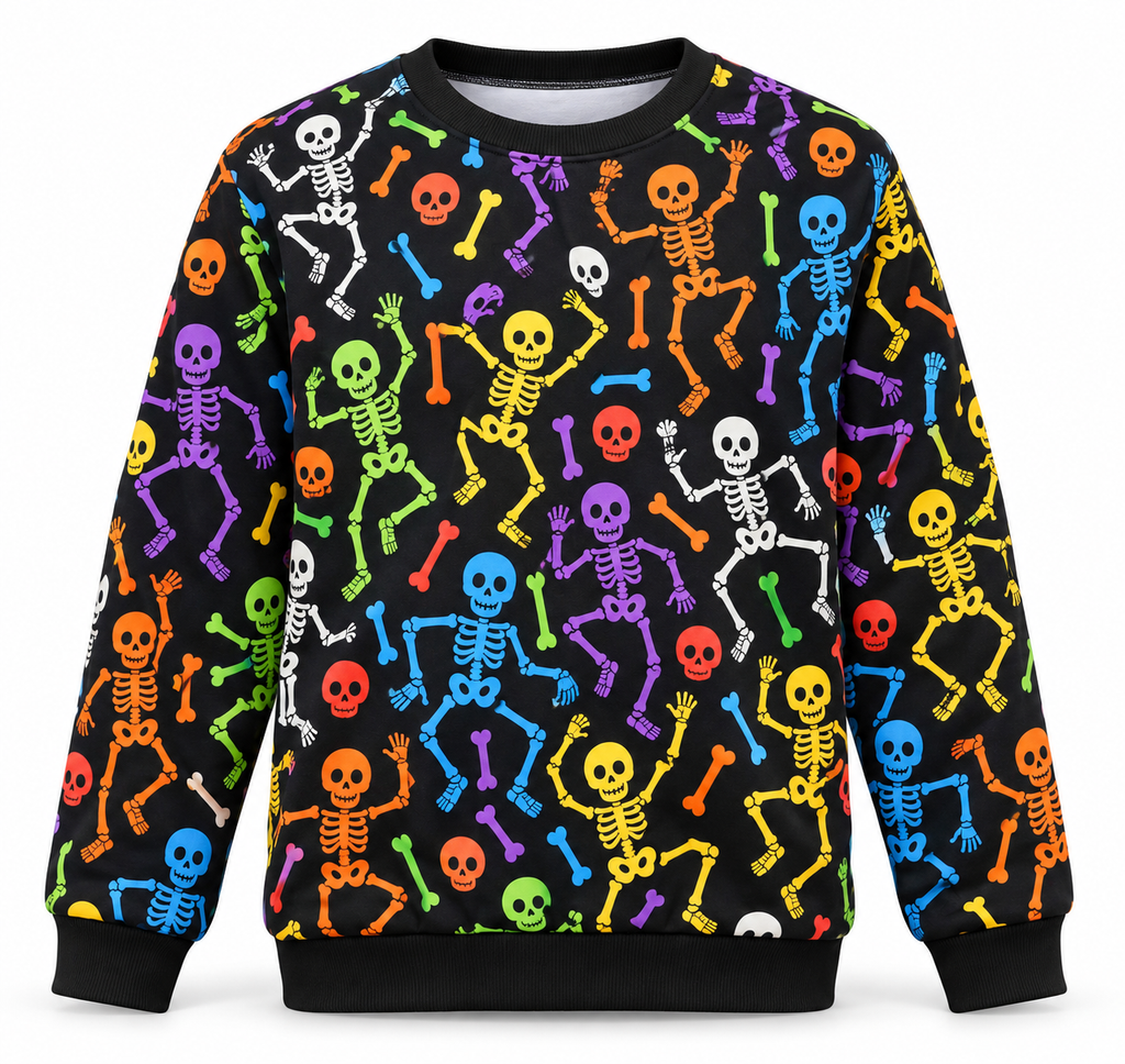 Sudadera de Halloween – diseño Esqueletos multicolor sobre fondo blanco