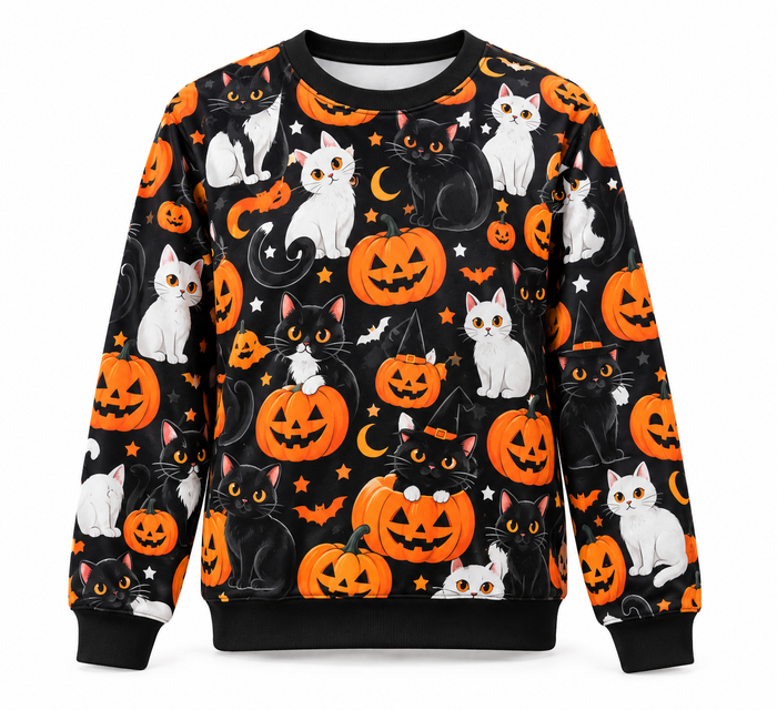 Sudadera de Halloween – diseño Gatos y calabazas sobre fondo blanco