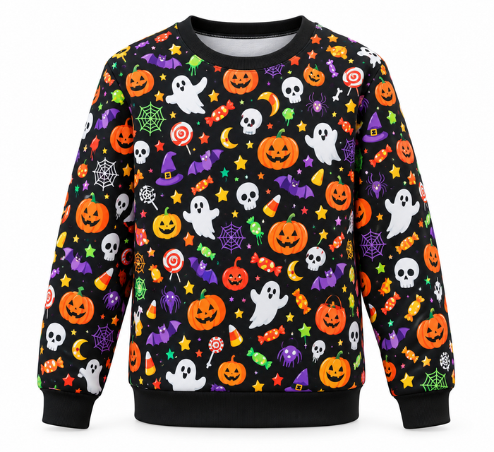 Sudadera de Halloween – diseño Motivos multicolor sobre fondo blanco