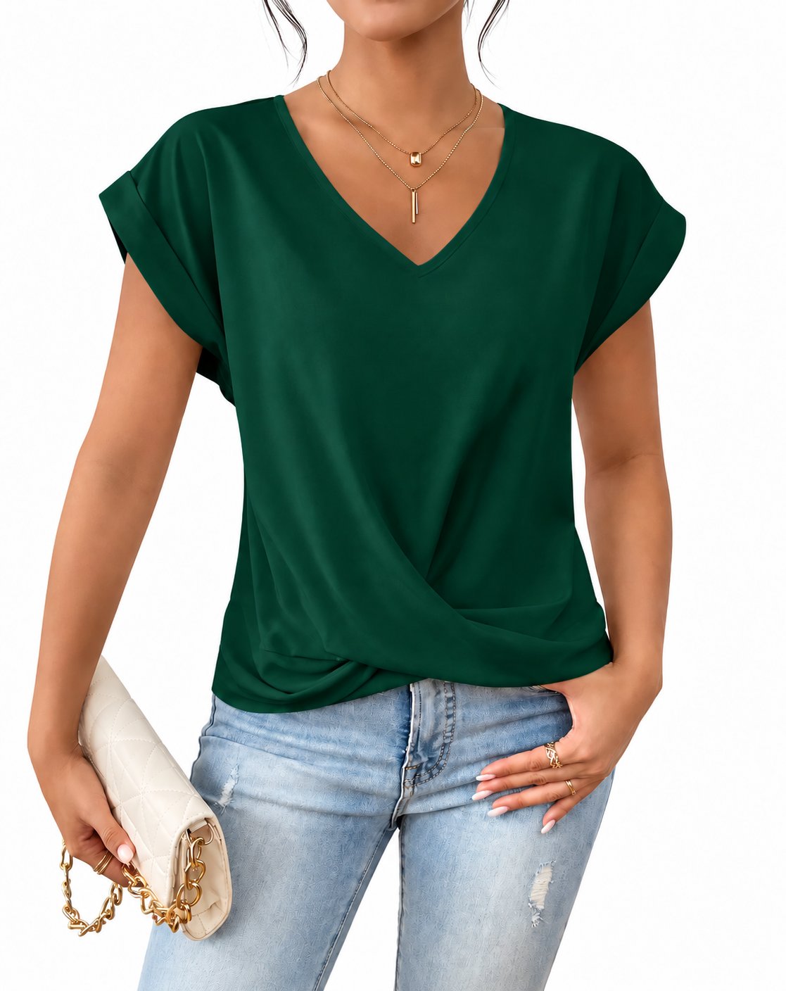 Camiseta con nudo y escote en V · Verde · vista del diseño