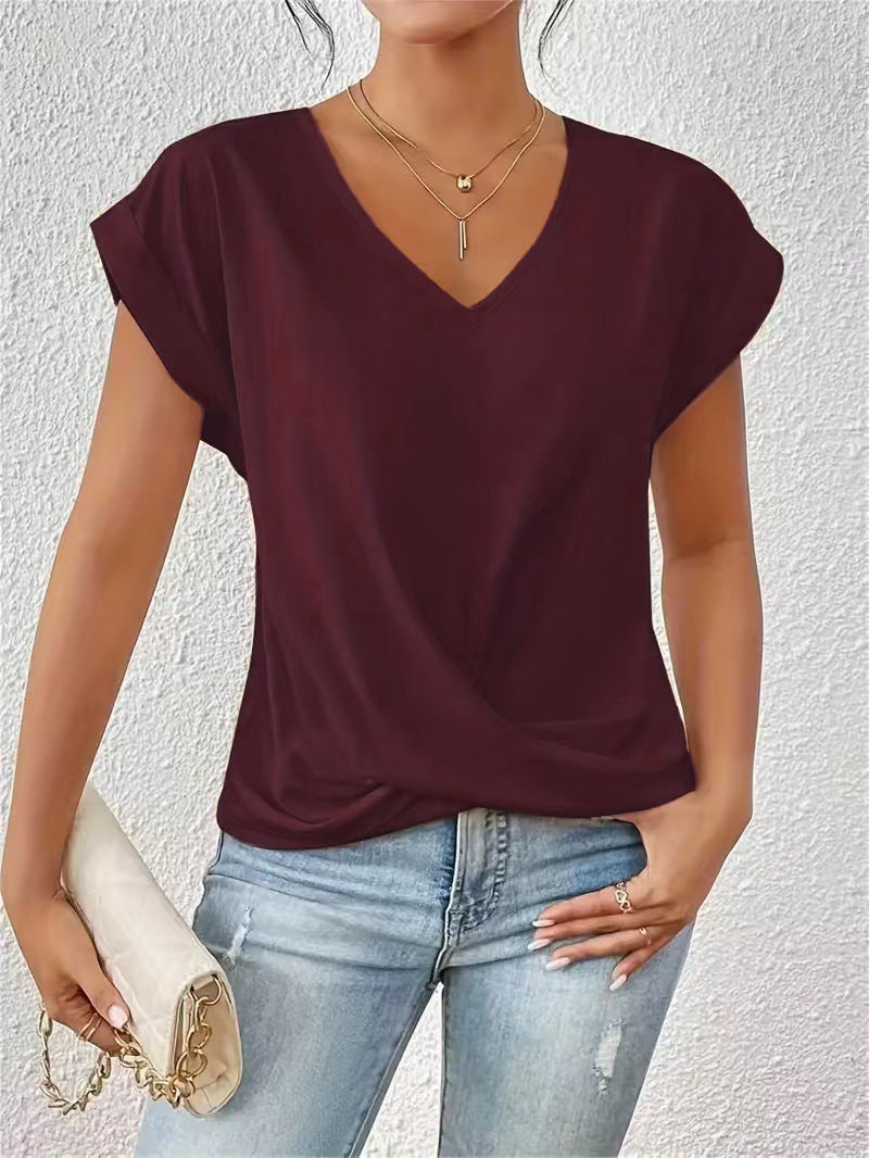 Camiseta Mujer con Nudo y Escote en V – 10 Colores · Rojo vino
