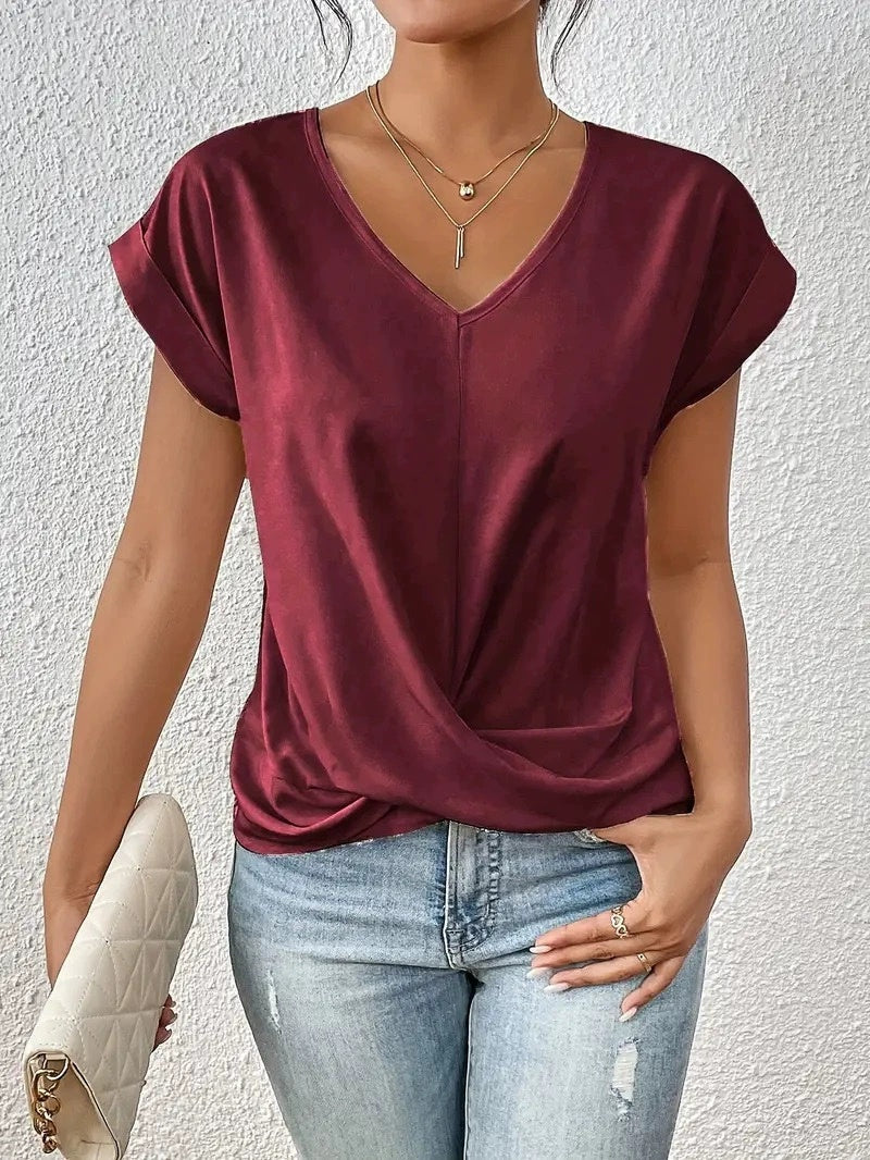 Camiseta Mujer con Nudo y Escote en V – 10 Colores · Rojo oscuro