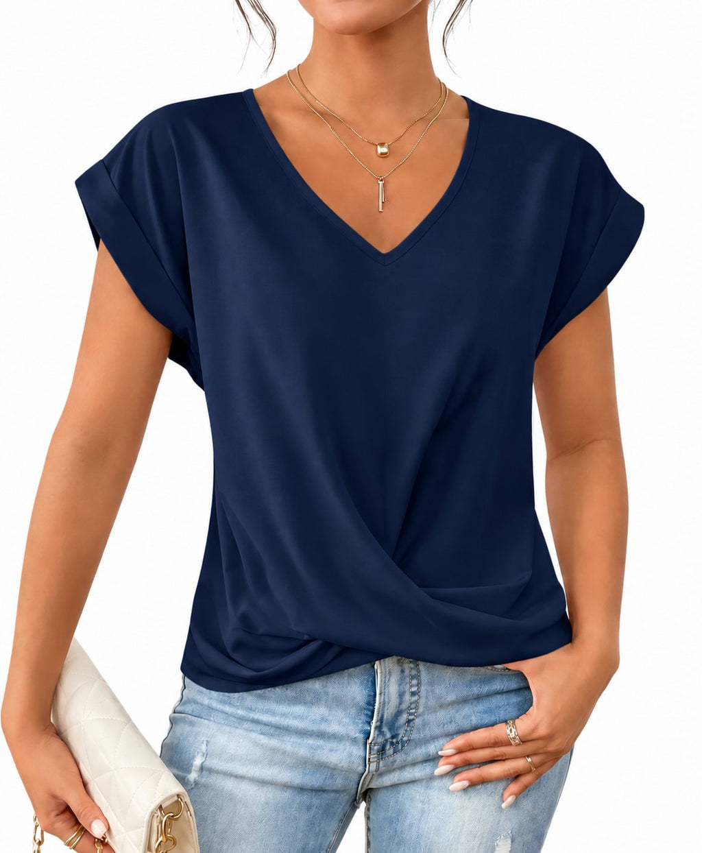 Camiseta con nudo y escote en V · Azul marino · vista del diseño