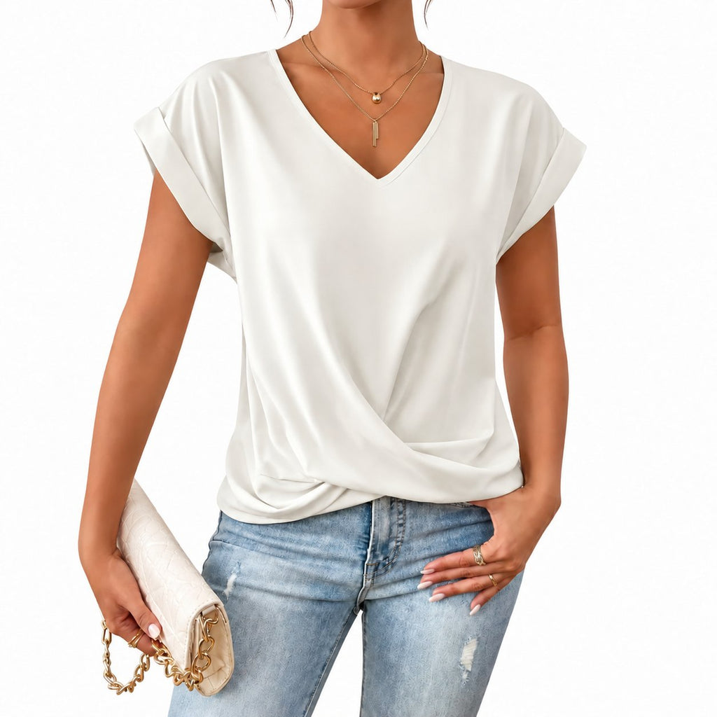 Camiseta con nudo y escote en V · Blanco · vista del diseño