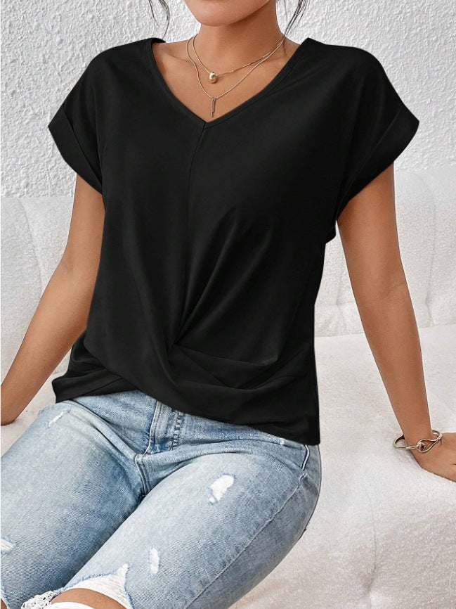 Camiseta Mujer con Nudo y Escote en V – 10 Colores · Negro