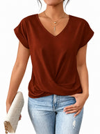 Camiseta con nudo y escote en V · Rojo marrón · vista del diseño
