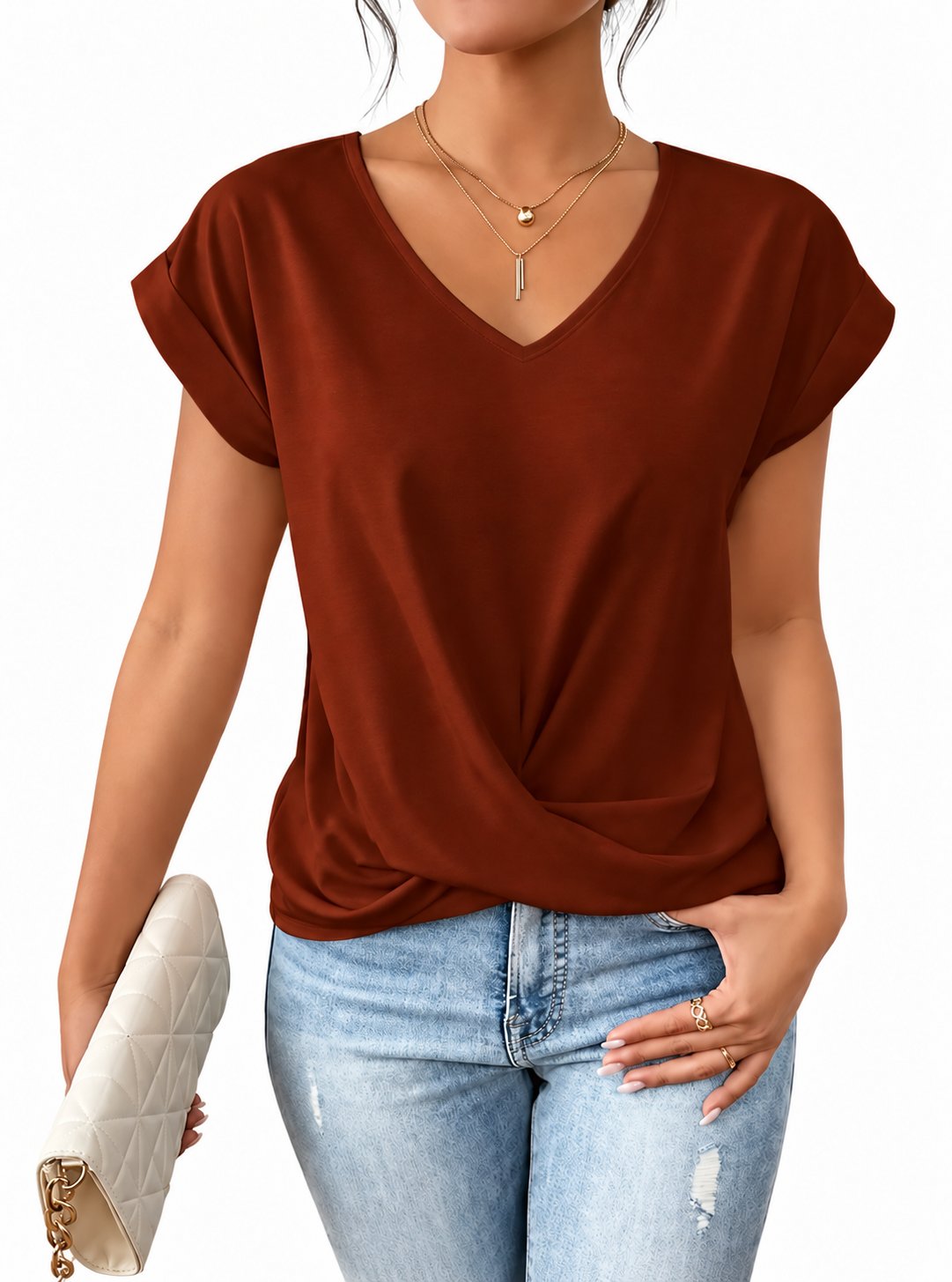 Camiseta con nudo y escote en V · Rojo marrón · vista del diseño