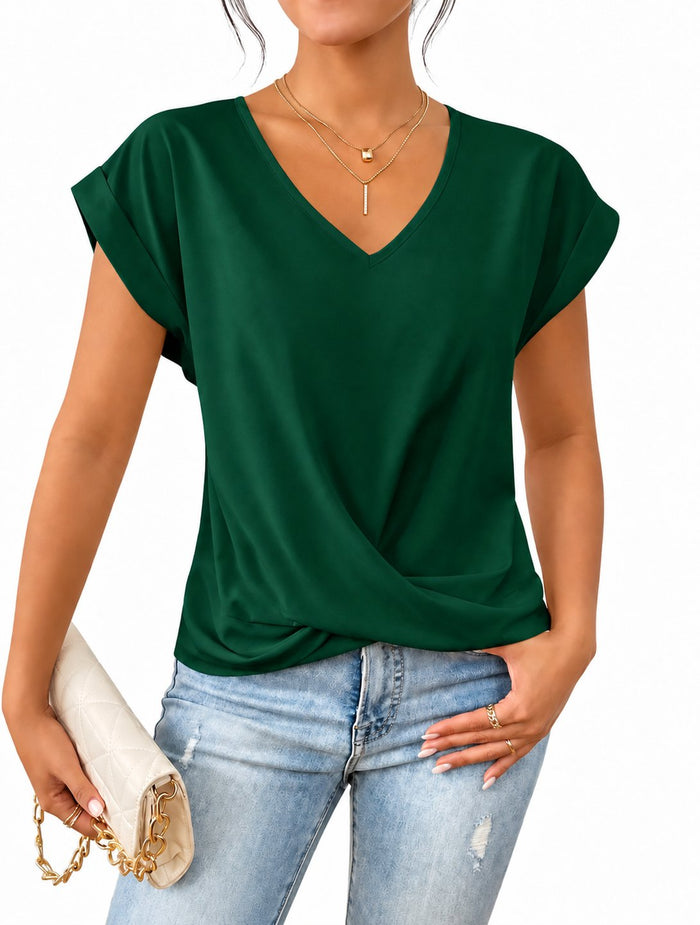 Camiseta con nudo y escote en V · Verde · vista del diseño