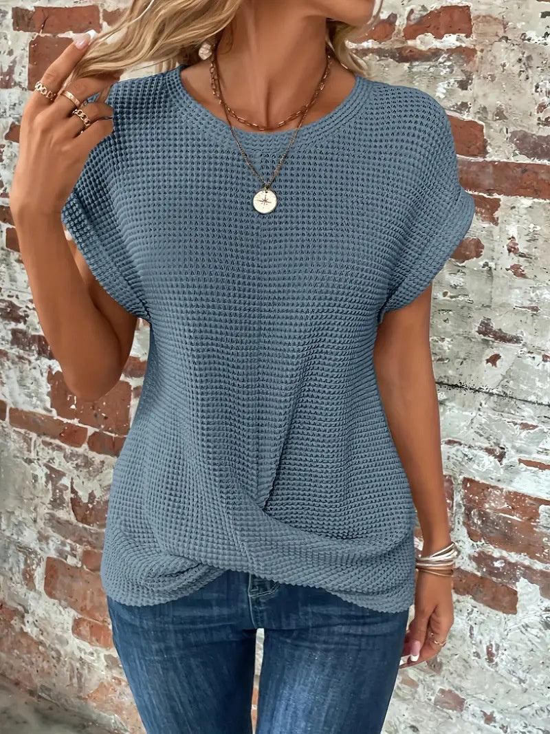 Camiseta Mujer Waffle de Manga Corta – 6 Colores · Azul mar