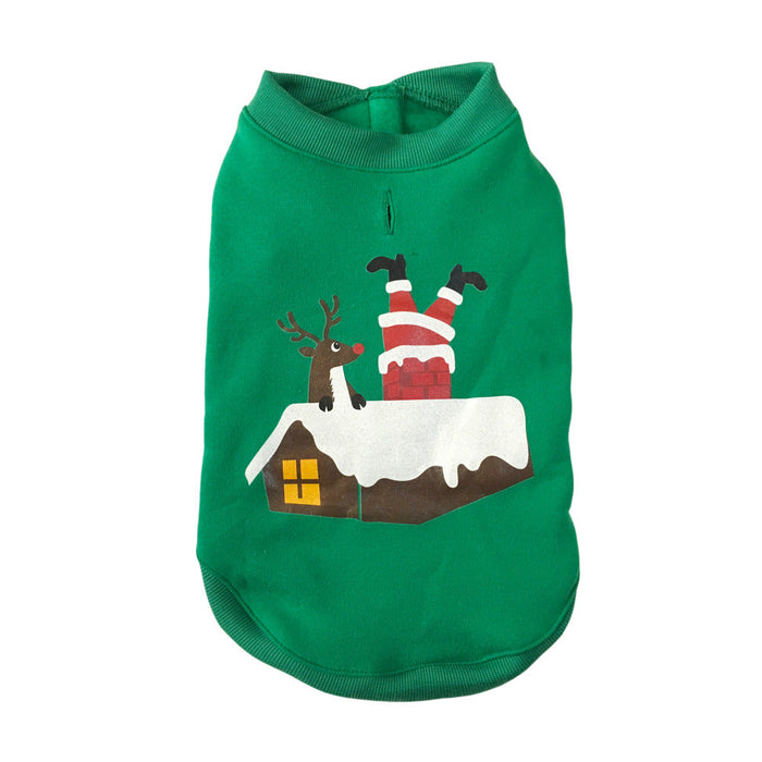 Ropa Navideña para Mascota – 5 Diseños, S–XL · Verde · Papá Noel en chimenea