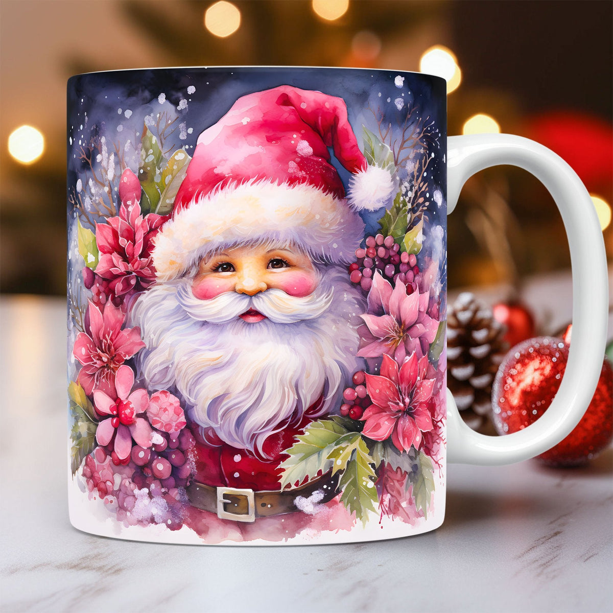 Taza de Papá Noel con Estampado Efecto 3D – 325 ml · Papá Noel · flores rosas