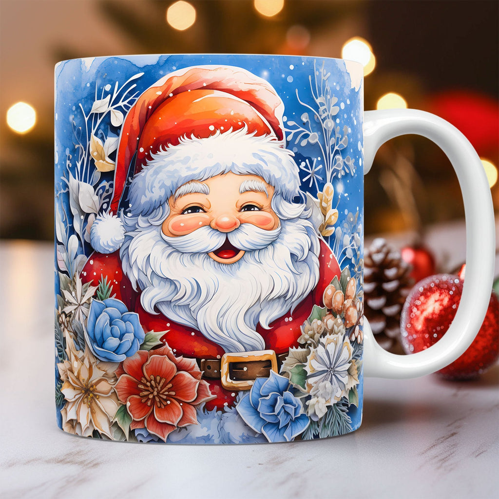 Taza de Papá Noel con Estampado Efecto 3D – 325 ml · Papá Noel · flores azules