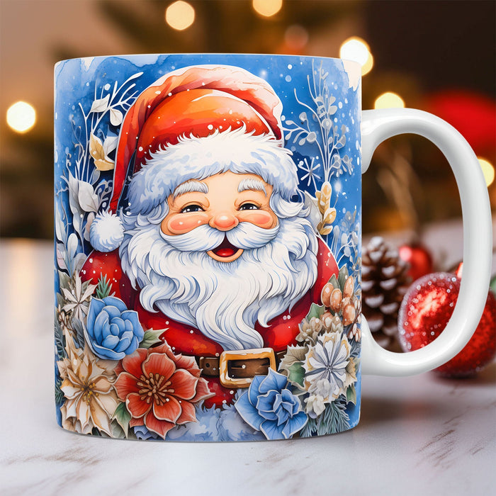 Taza de Papá Noel con Estampado Efecto 3D – 325 ml · Papá Noel · flores azules