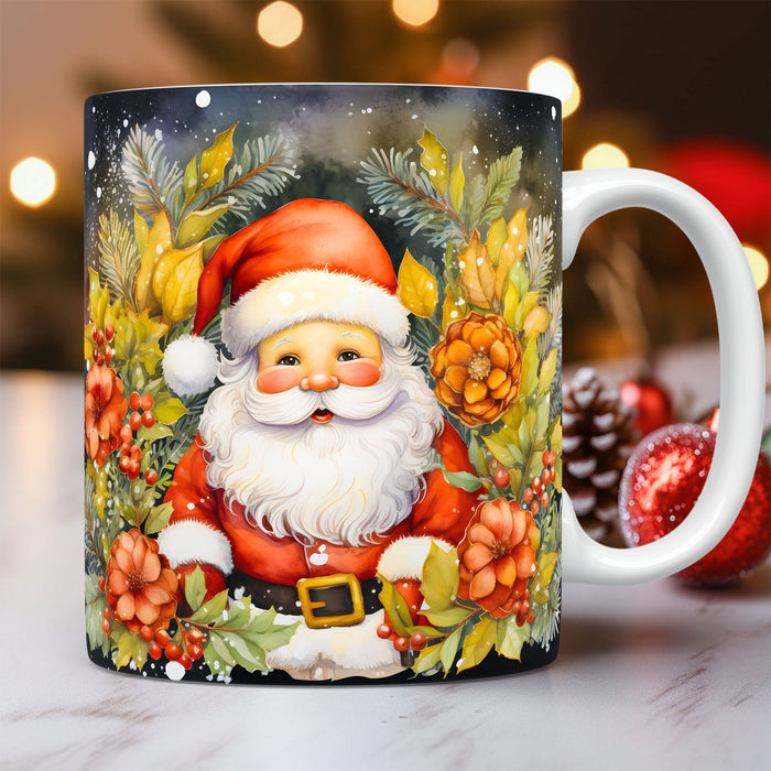 Taza de Papá Noel con Estampado Efecto 3D – 325 ml · Papá Noel · flores amarillas