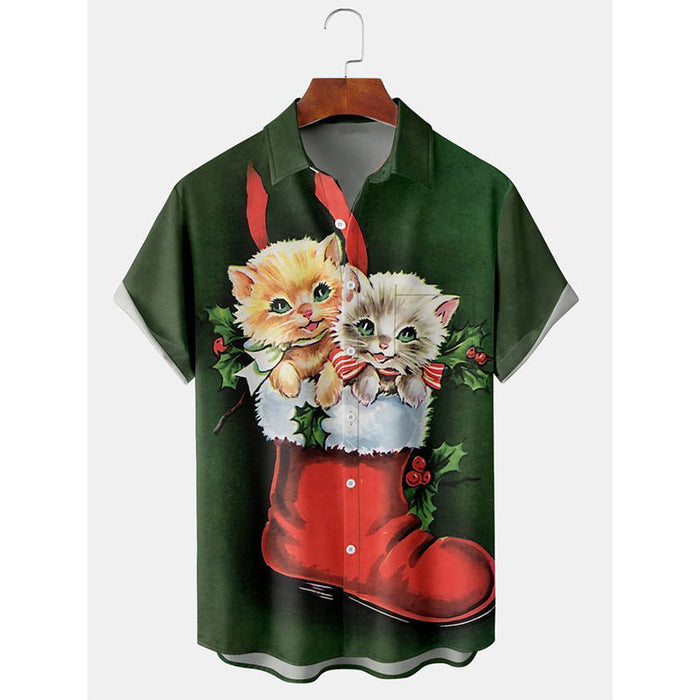 Camisa Navideña de Manga Corta con Estampado Efecto 3D – 10 Diseños · Gatitos en bota navideña