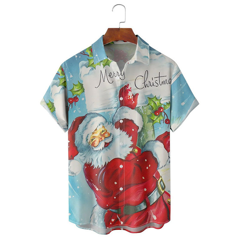 Camisa Navideña de Manga Corta con Estampado Efecto 3D – 10 Diseños · Papá Noel · fondo celeste