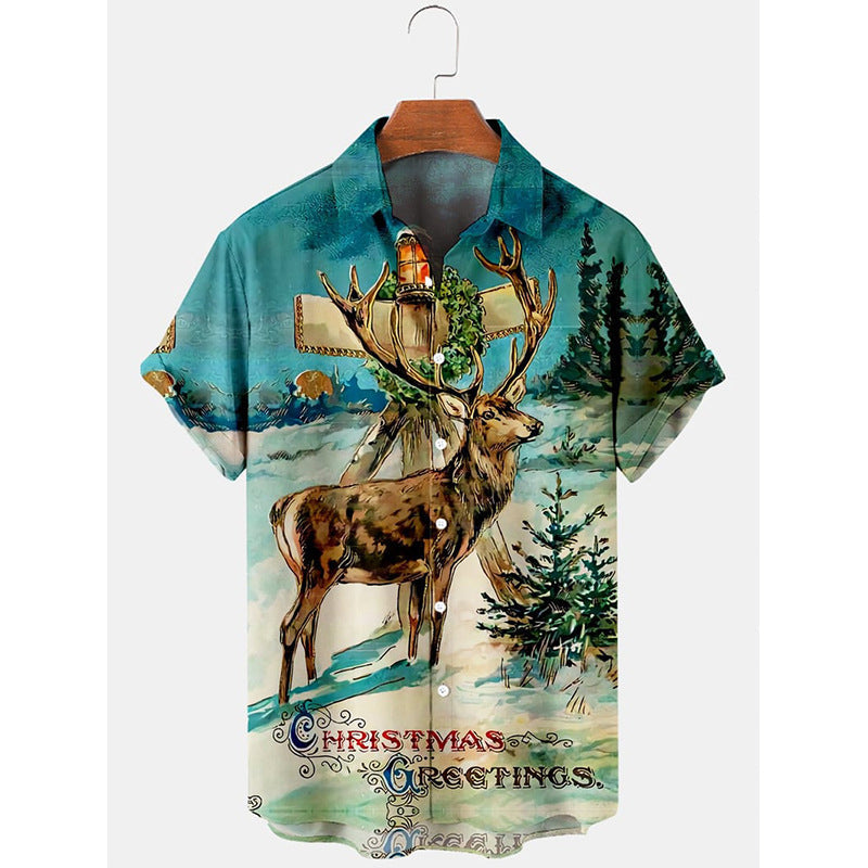 Camisa Navideña de Manga Corta con Estampado Efecto 3D – 10 Diseños · Reno en bosque nevado