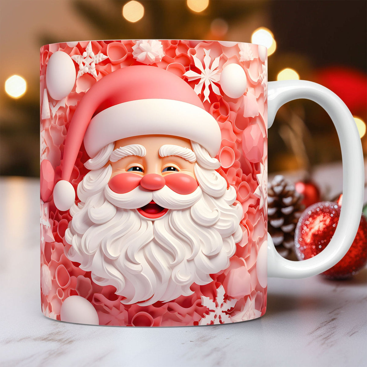 Taza de Papá Noel con Estampado Efecto 3D – 325 ml · Papá Noel · fondo rosa