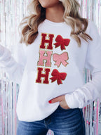 Sudadera Navideña de Mujer HO HO HO con Lazos – Blanco Lechoso — vista del producto 3