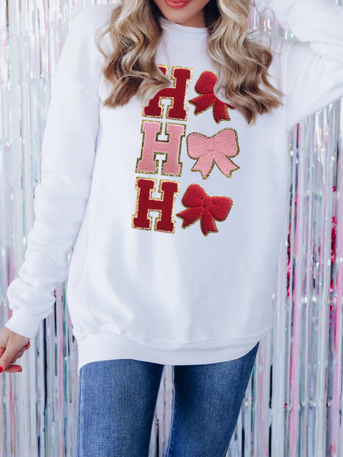 Sudadera Navideña de Mujer HO HO HO con Lazos – Blanco Lechoso — vista del producto 4